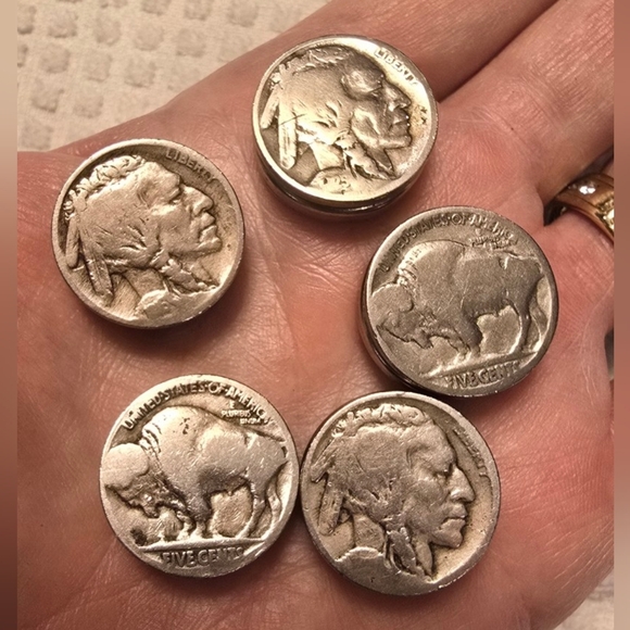 Set of 5 Vintage Buffalo/Indian Head Nickel Button Covers - Picture 3 of 4